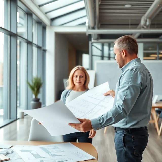 Architect reviewing blueprints with client in modern office
